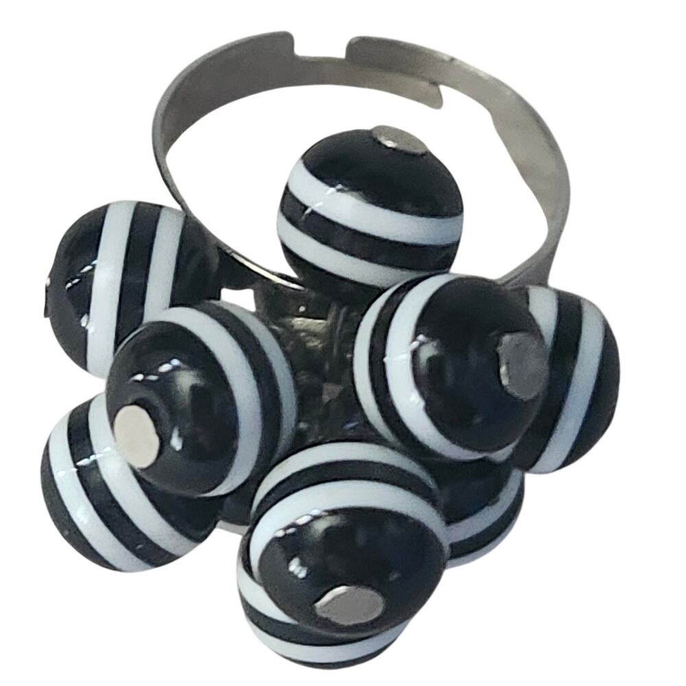 Vtg 1960s Black White Stripe Glass Cha Cha Beaded Cluster Adjustable Ring